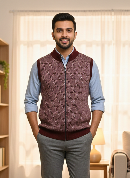 Men’s Reversible Maroon Textured Wool Blend Sleeveless Zip Sweater
