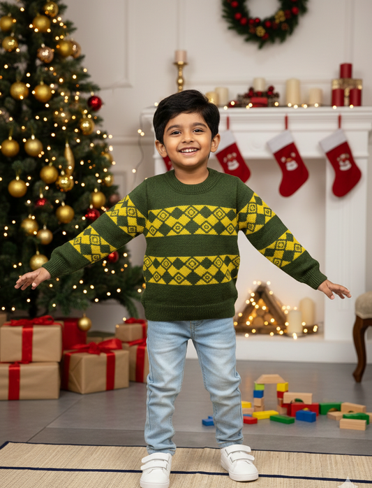 Boys Green Yellow Festive Knit Sweater