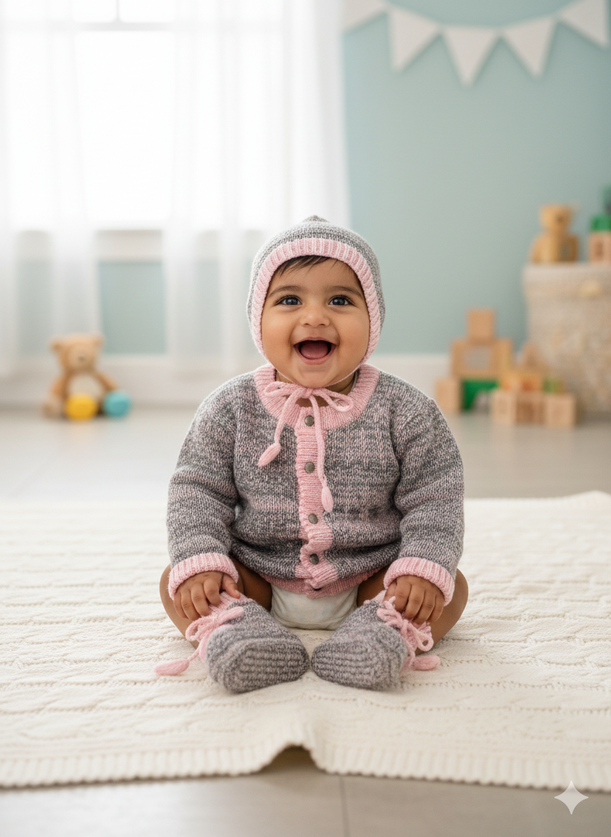Handmade Baby Sweater, Bonnet & Booties Set- Pink and Grey