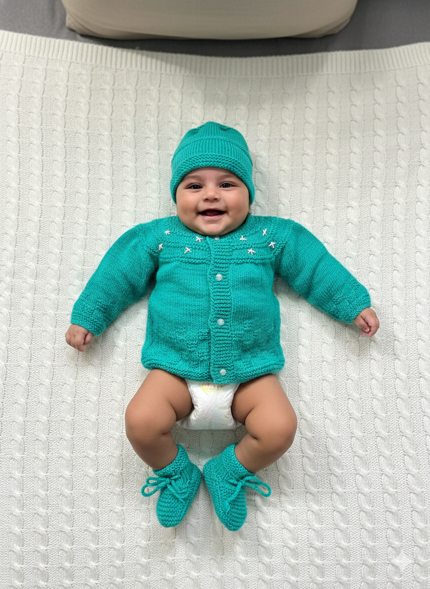 Baby Teal Green Hand-Knitted Wool Sweater Set