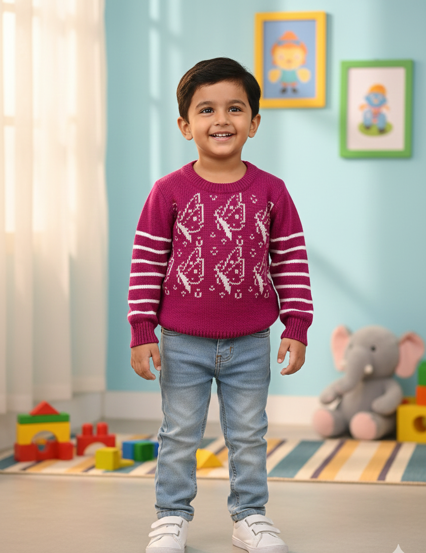 Boys Pink Knitted Sweater with Cute Graphic Pattern