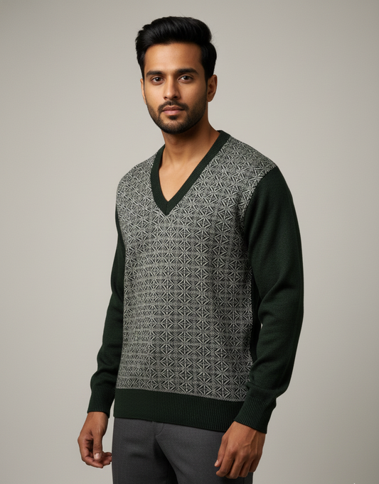 Men’s Reversible Green Geometric and Beige V-Neck Knit Sweater