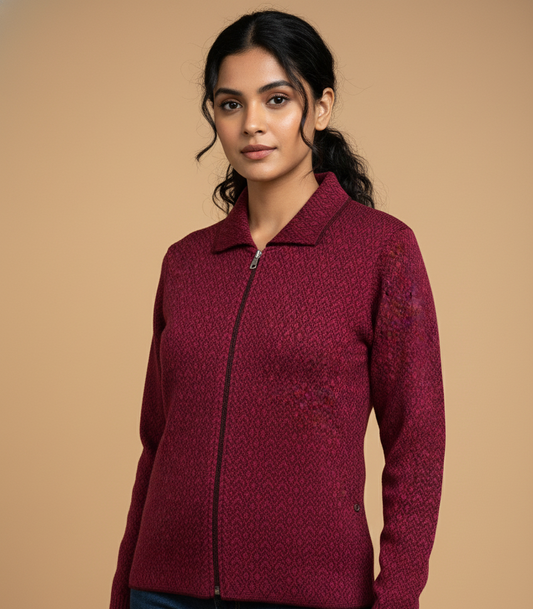 Women’s Maroon Textured Zip-Up Woollen Sweater