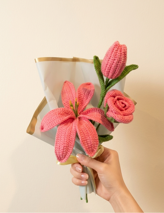 Handmade Crochet Lily, Rose & Tulip Bouquet