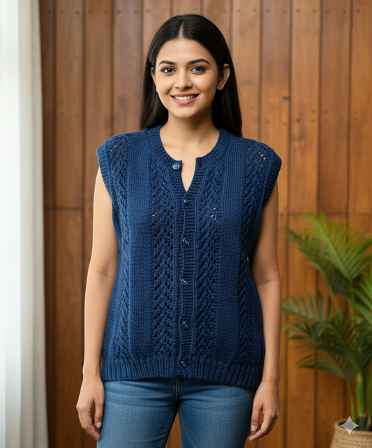 Handknit Navy Blue Woollen Vest