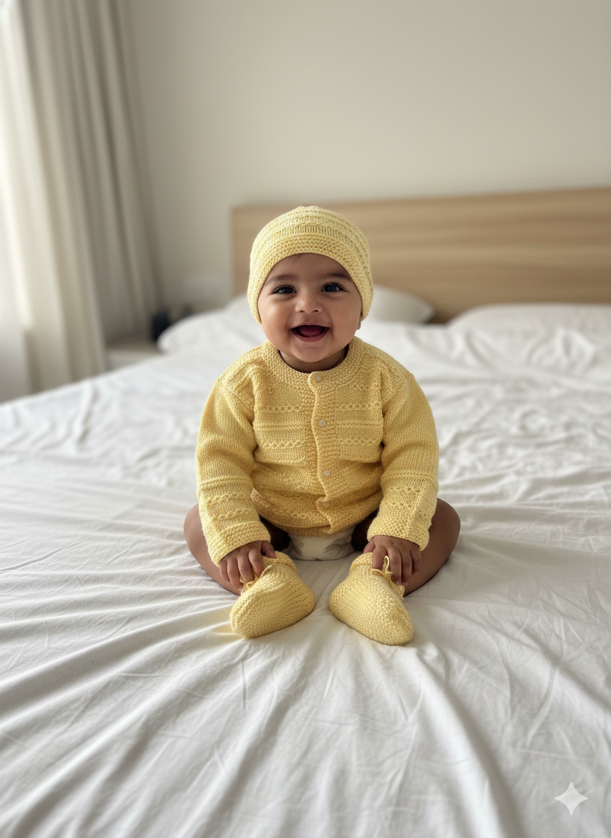 Baby Lemon Yellow Hand-Knitted Wool Sweater Set
