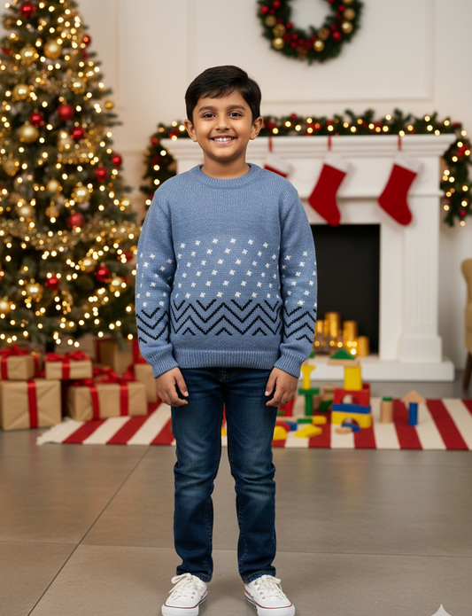 Boys Blue Snowy Winter Knit Sweater