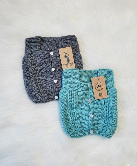 Grey and Seagreen- Handcrafted Woollen Baby Sleeveless Vest