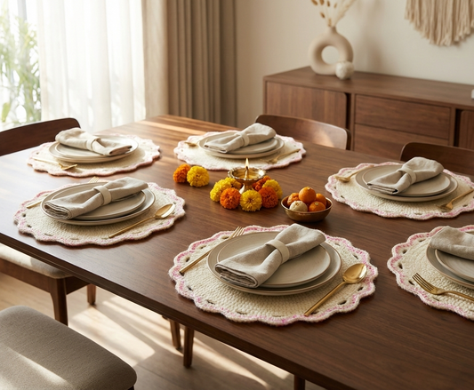 Off-white Handmade Crochet Dining Table Mat Set of 6