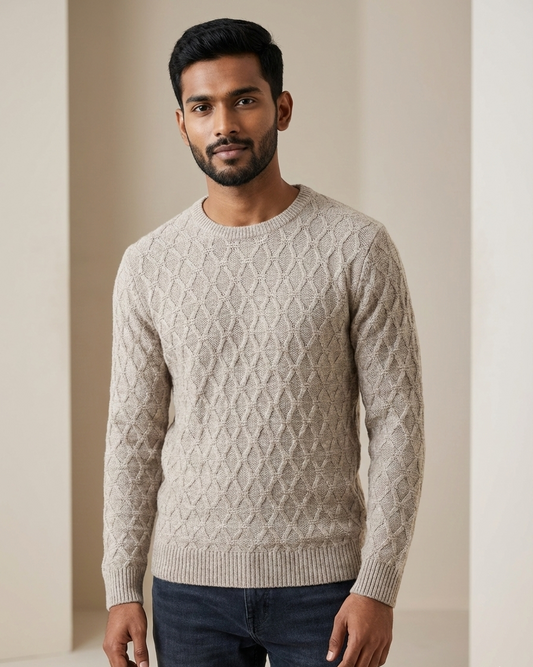 Men’s Beige Cable Knit Crewneck Sweater