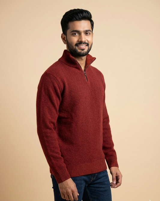 Men’s Brick Red Zip-Neck Winter Knit Sweater