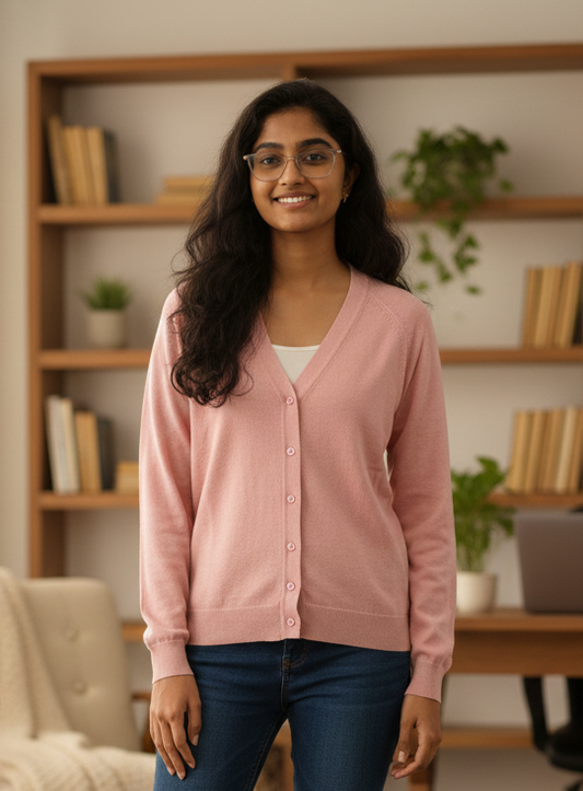 Pink- Soft Knit V-Neck Button Cardigan