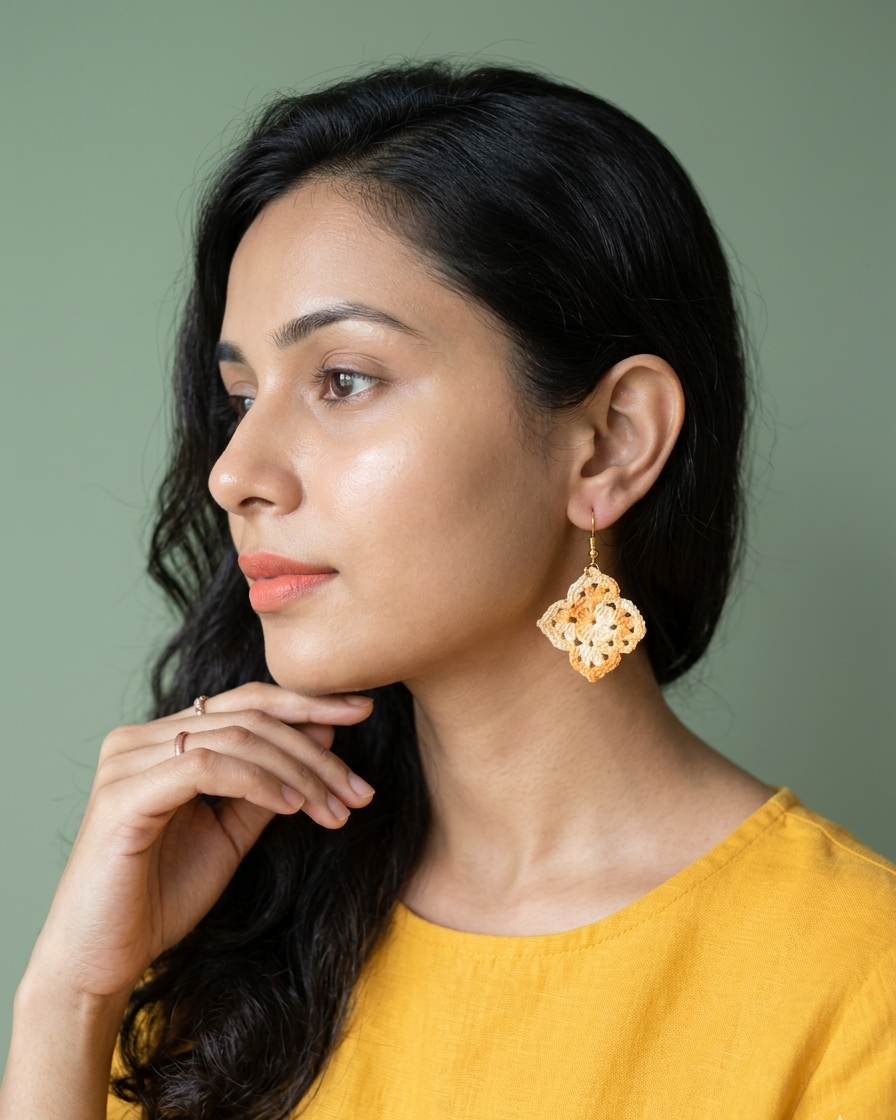 Handmade Peach Crochet Diamond Drop Earrings