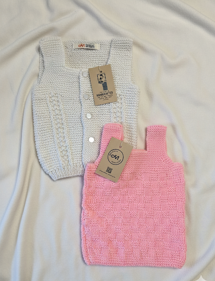 White and Pink- Handcrafted Woollen Baby Sleeveless Vest