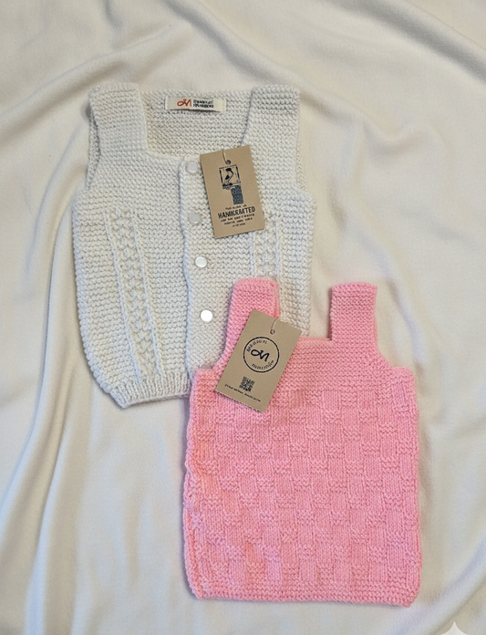White and Pink- Handcrafted Woollen Baby Sleeveless Vest