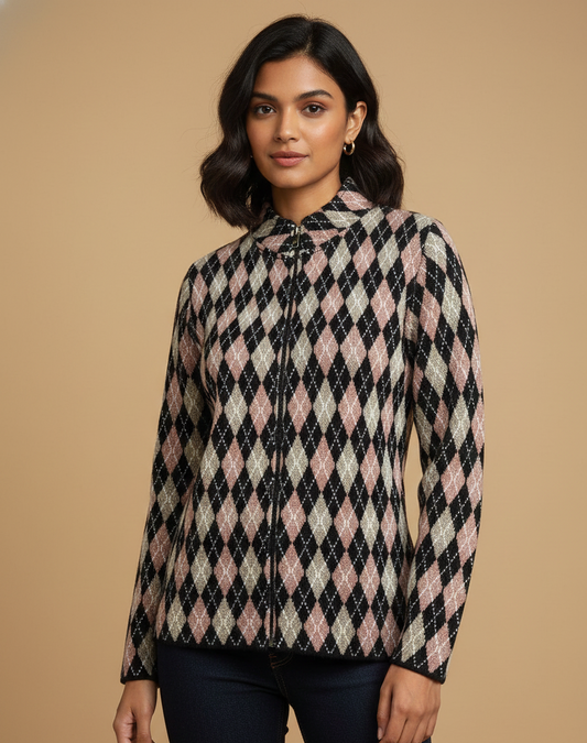 Women’s Black Zip-Up Argyle Knit Winter Sweater