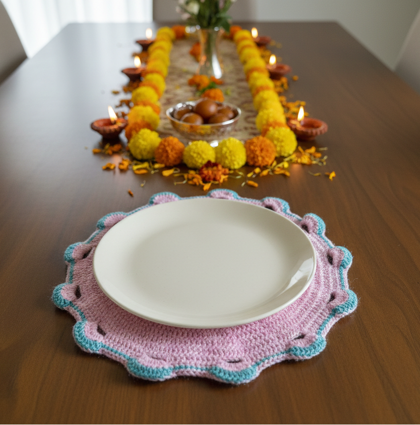 Pink Handmade Crochet Dining Table Mat Set (6)