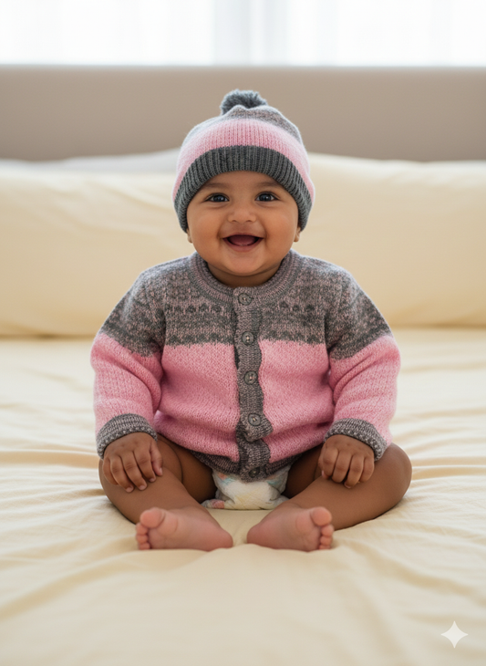 Baby Pink & Grey Woollen Winter Sweater Set