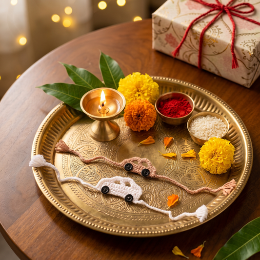 White and Beige Handmade Car Rakhi Duo Set