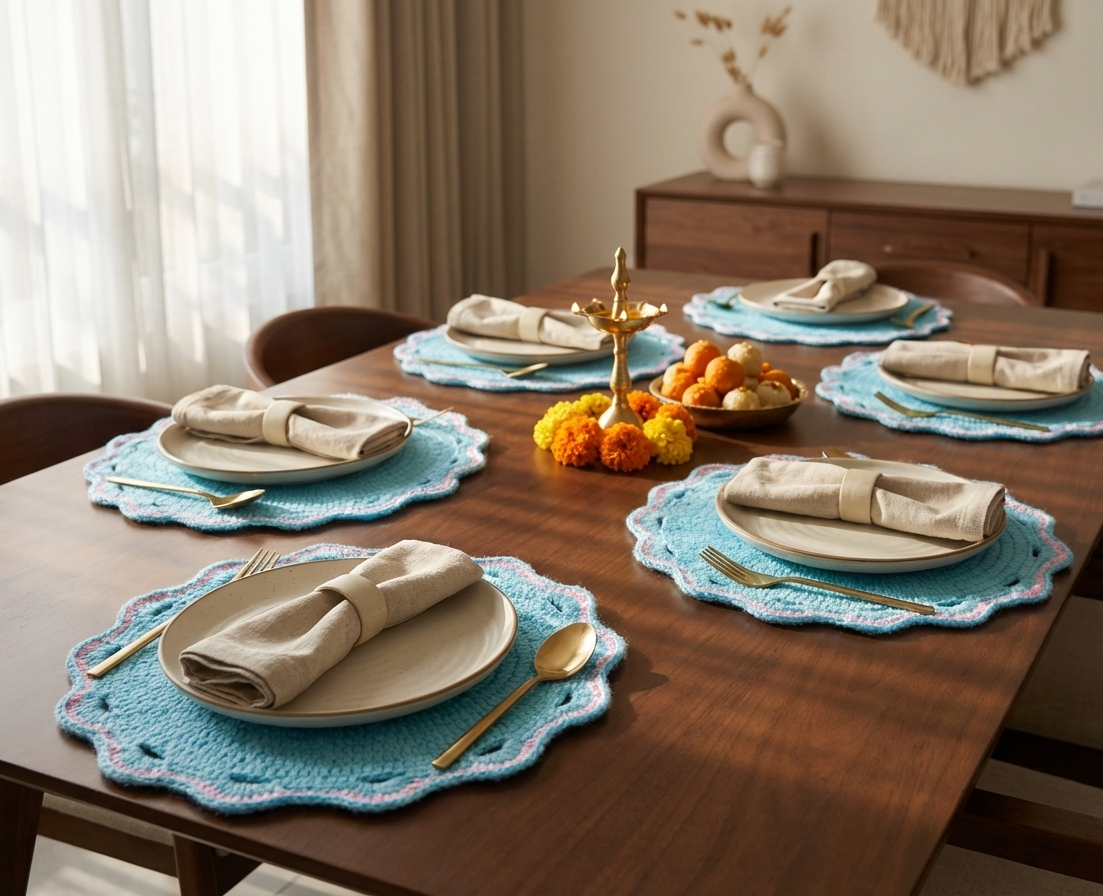 Blue Handcrafted Crochet Dining Table Mat Set (6)