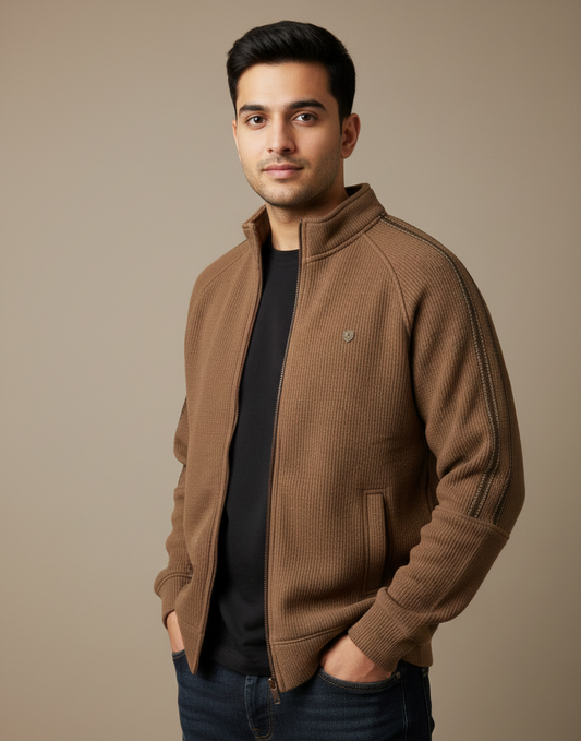 Men’s Brown Textured Zip-Up Winter Jacket