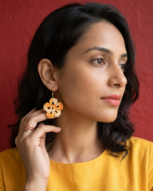 Handmade Dual Tone Crochet Floral Dangle Earrings