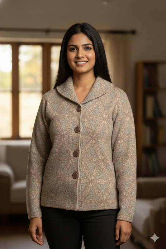 Beige Geometric Woollen Cardigan