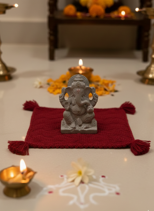 Red Knitted Pooja Mat with Tassels- Set of 12