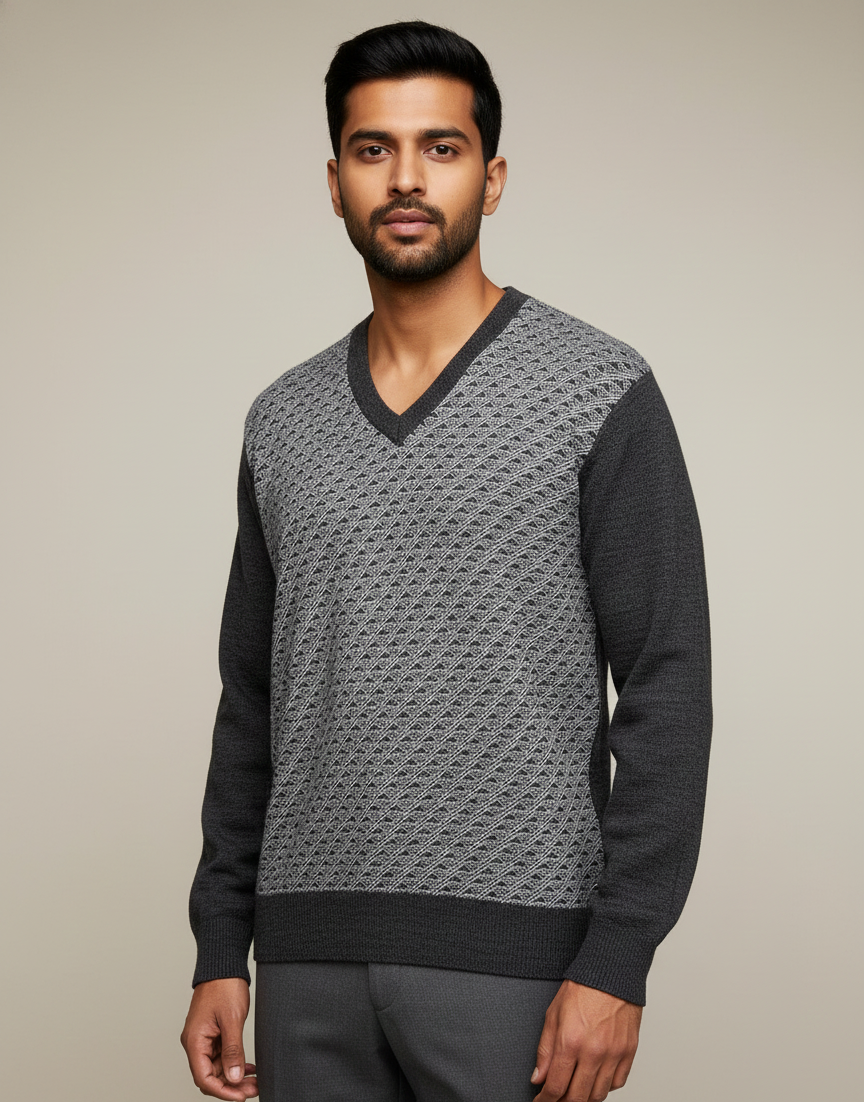 Men’s Reversible Dark Grey Textured and Plain Light Grey V-Neck Knit Sweater
