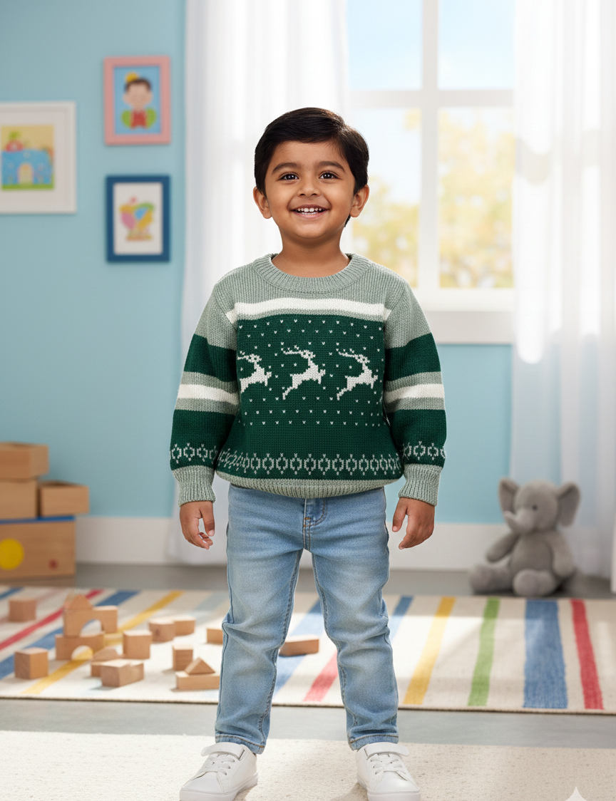 Boys Green Reindeer Winter Knit Sweater