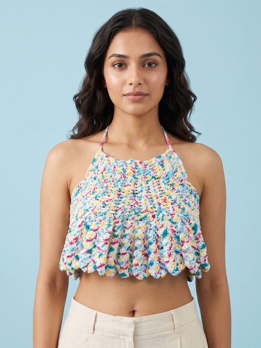 Multicolor Crochet Flared Halter Top