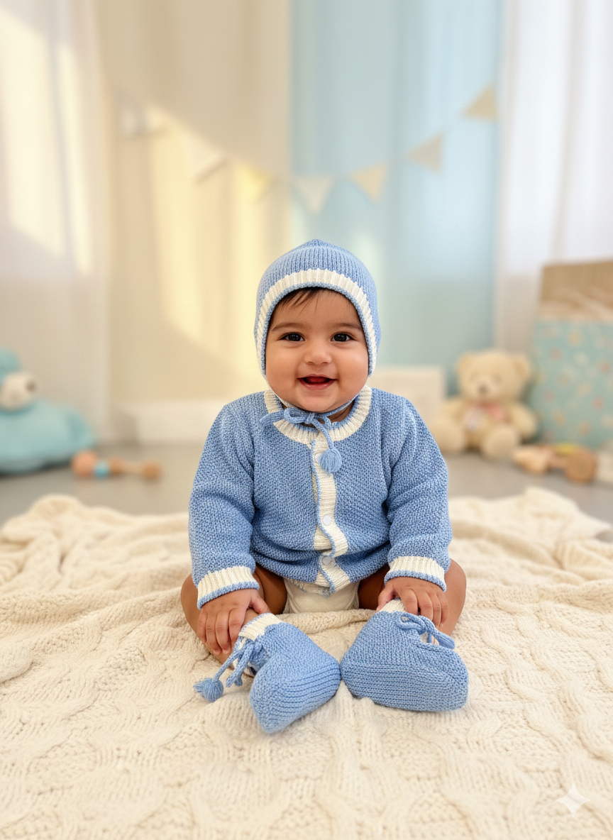 Handmade Baby Blue Knit Woollen Set