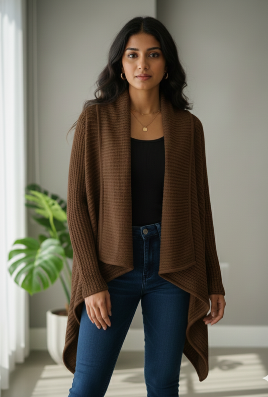 Women’s Chocolate Brown Knitted Open-Front Long Cardigan