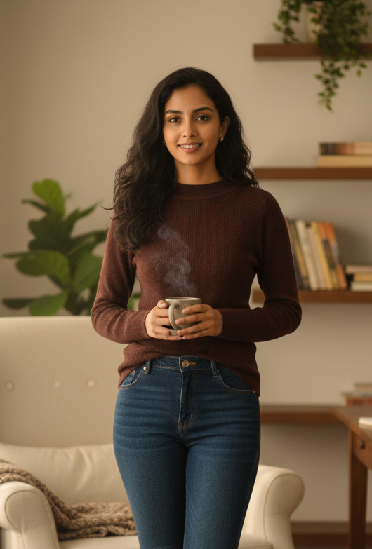 Cozy Brown- Soft Knit Mock-Neck Sweater