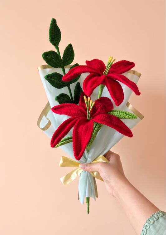Crochet Red Lily Flower Bouquet