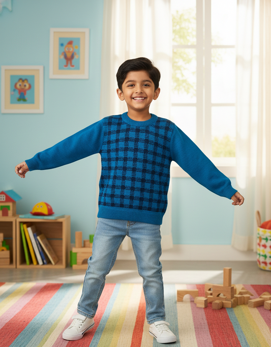 Boys Blue Check Pattern Winter Sweater