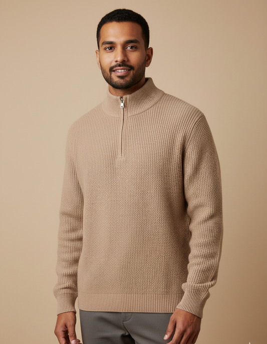 Men’s Beige Zip-Neck Textured Sweater