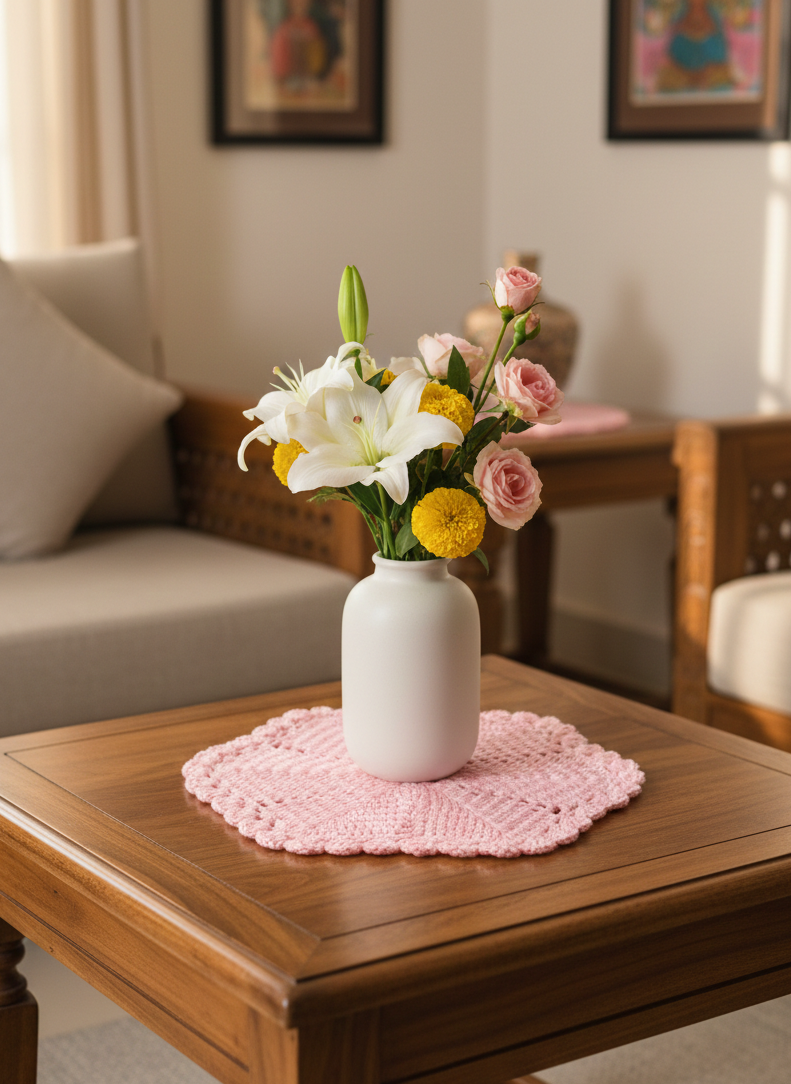 Handcrafted Pink and Blue Crochet Table Asan