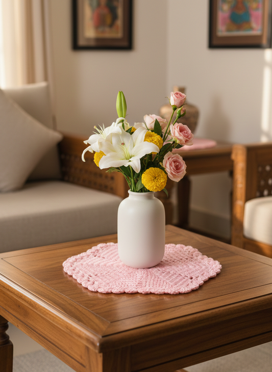 Handcrafted Pink and Blue Crochet Table Asan