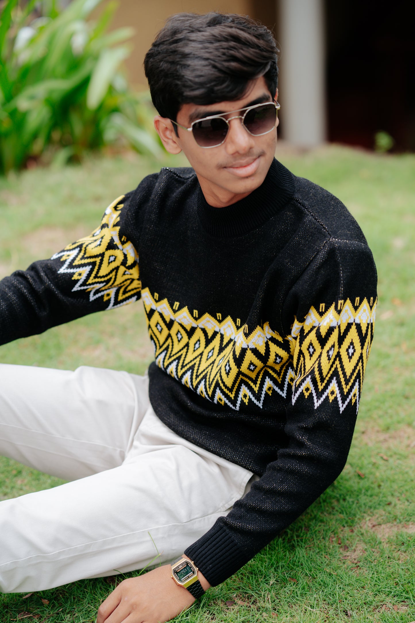 Black & Yellow Geometric Knit Sweater