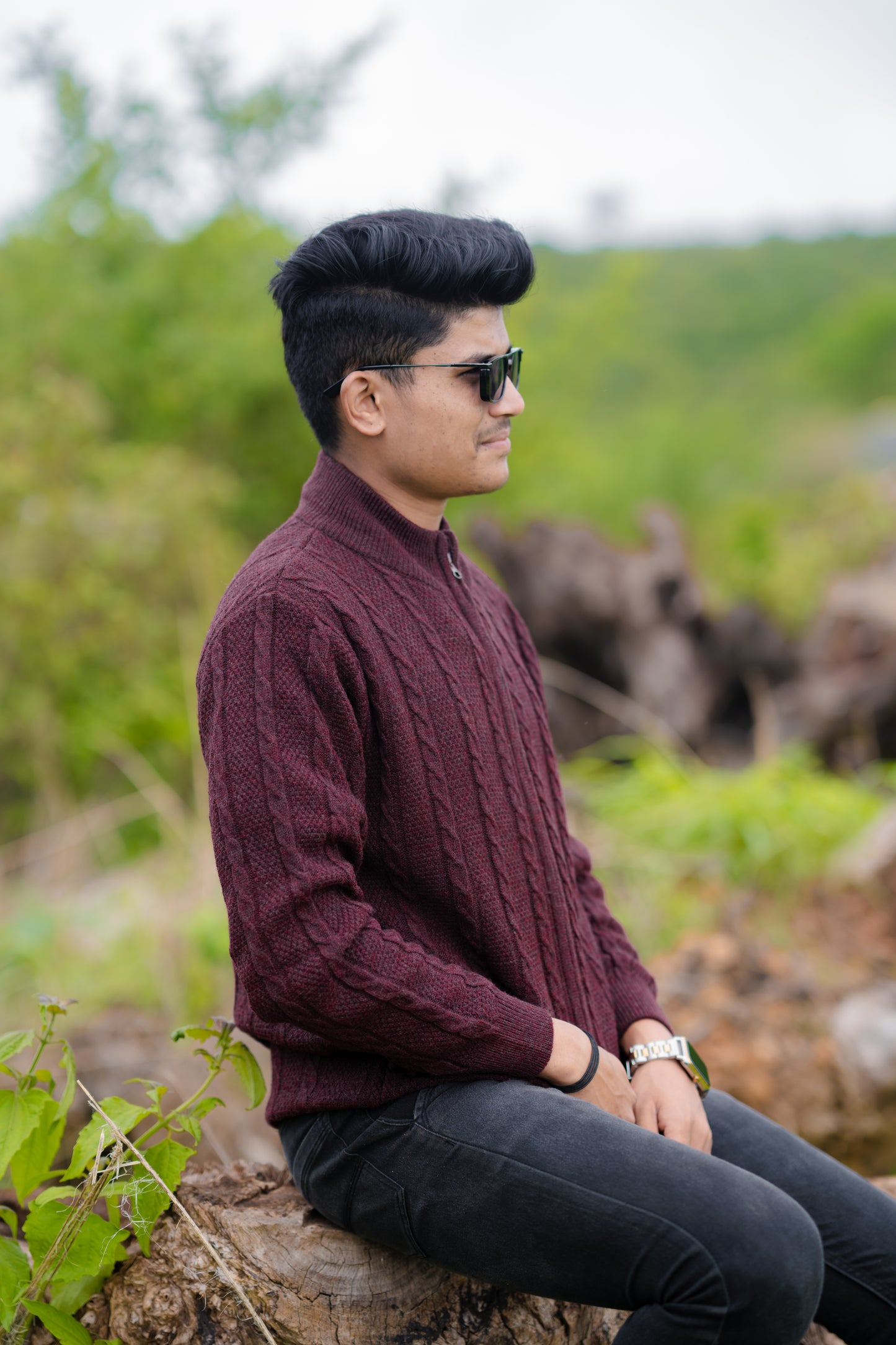 Maroon Cable Knit Zip-Up Sweater