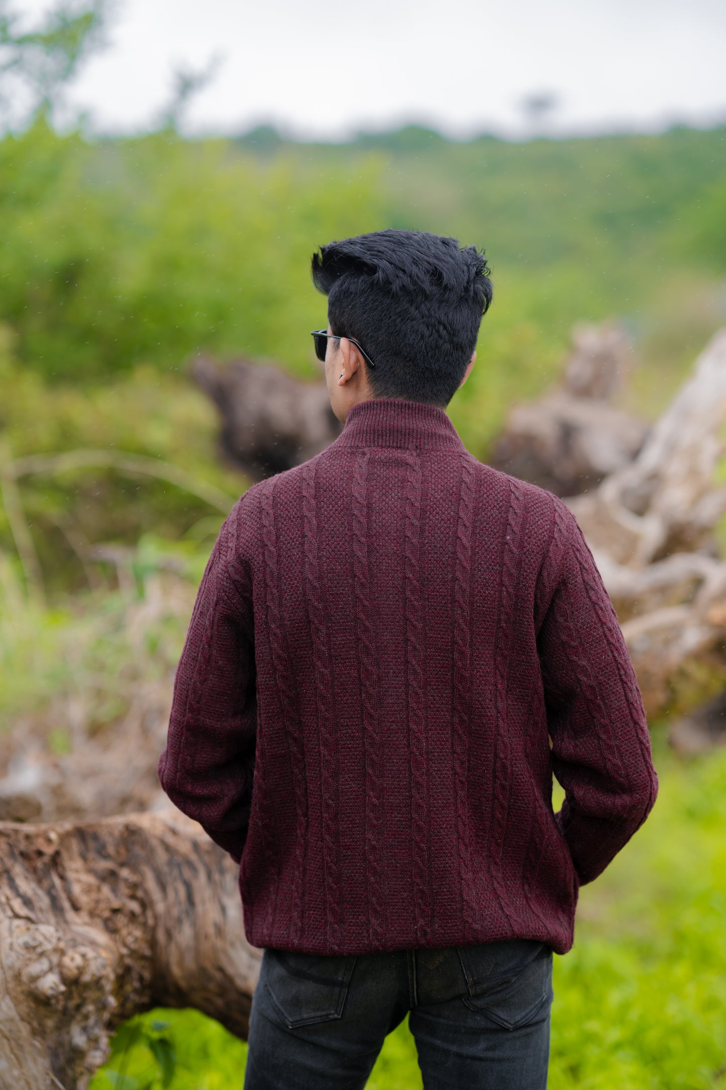 Maroon Cable Knit Zip-Up Sweater