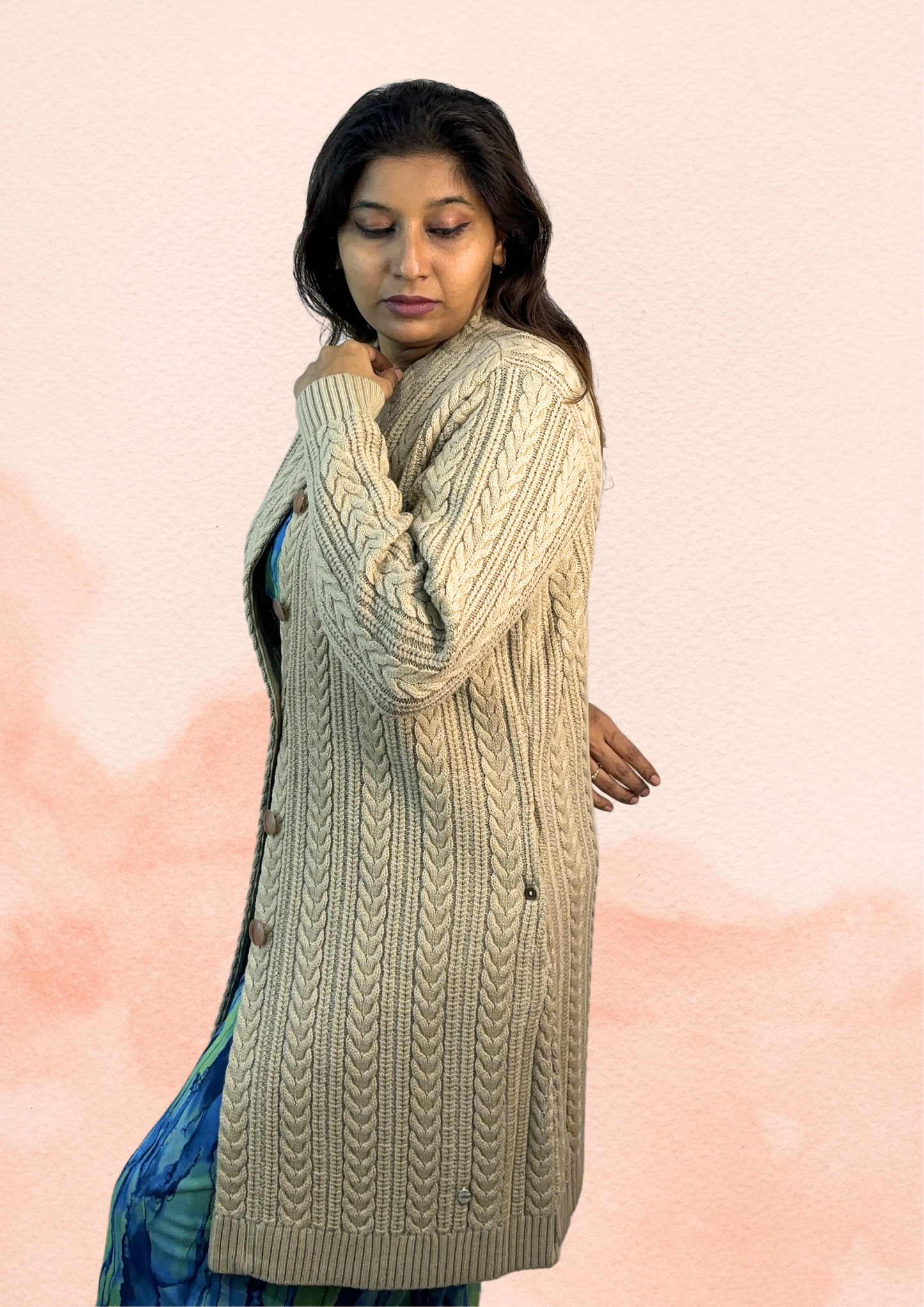 Women's Woolen Long Sweater – Classic Beige Cable Knit