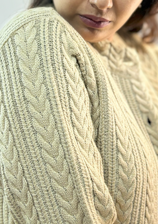 Women's Woolen Long Sweater – Classic Beige Cable Knit