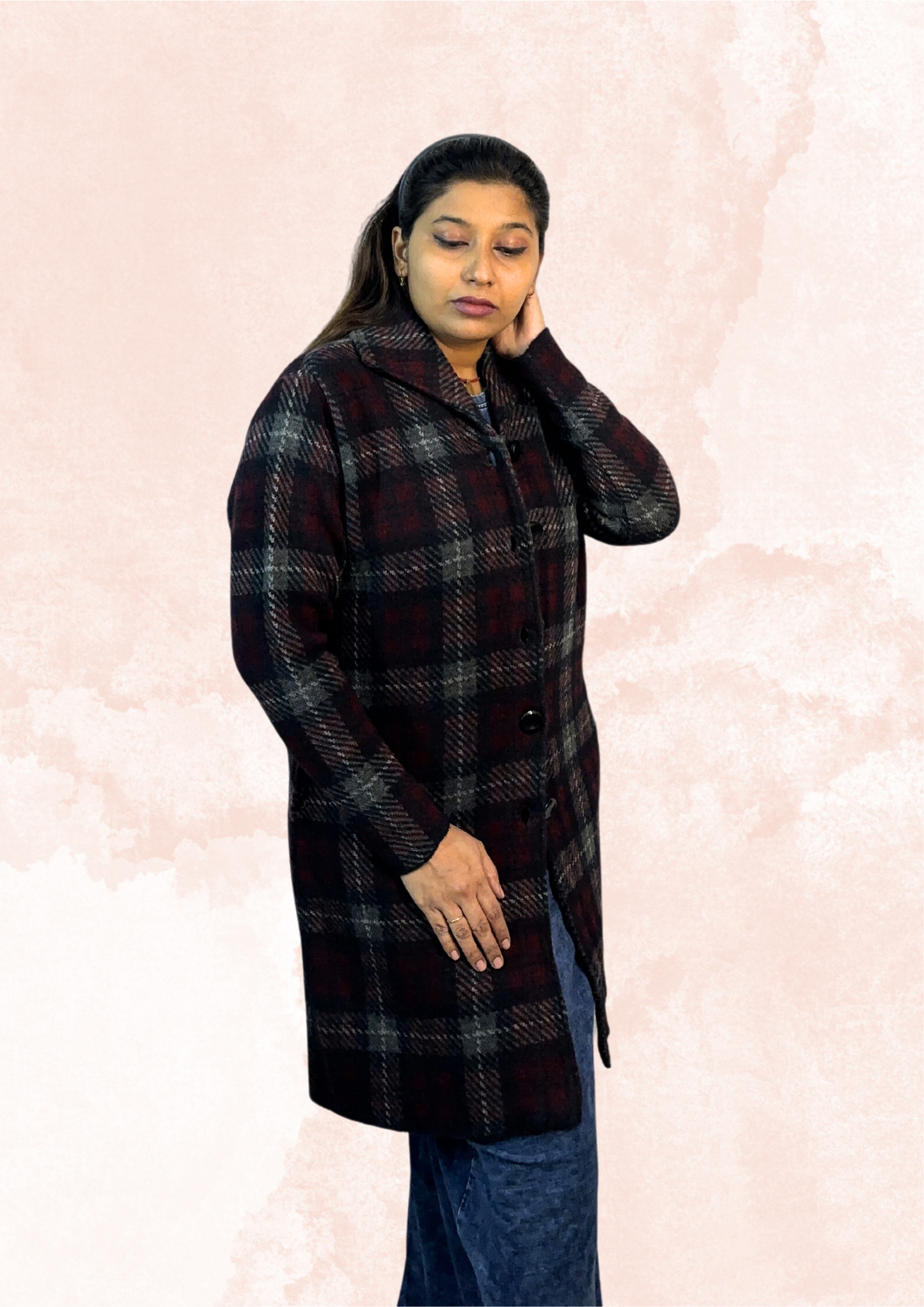 Long Plaid Woolen Sweater – Maroon and Black Elegance