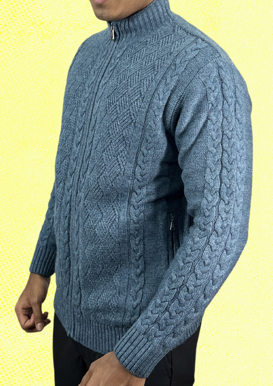 Men's Classic Cable Knit Double Layer Zip-Up Sweater