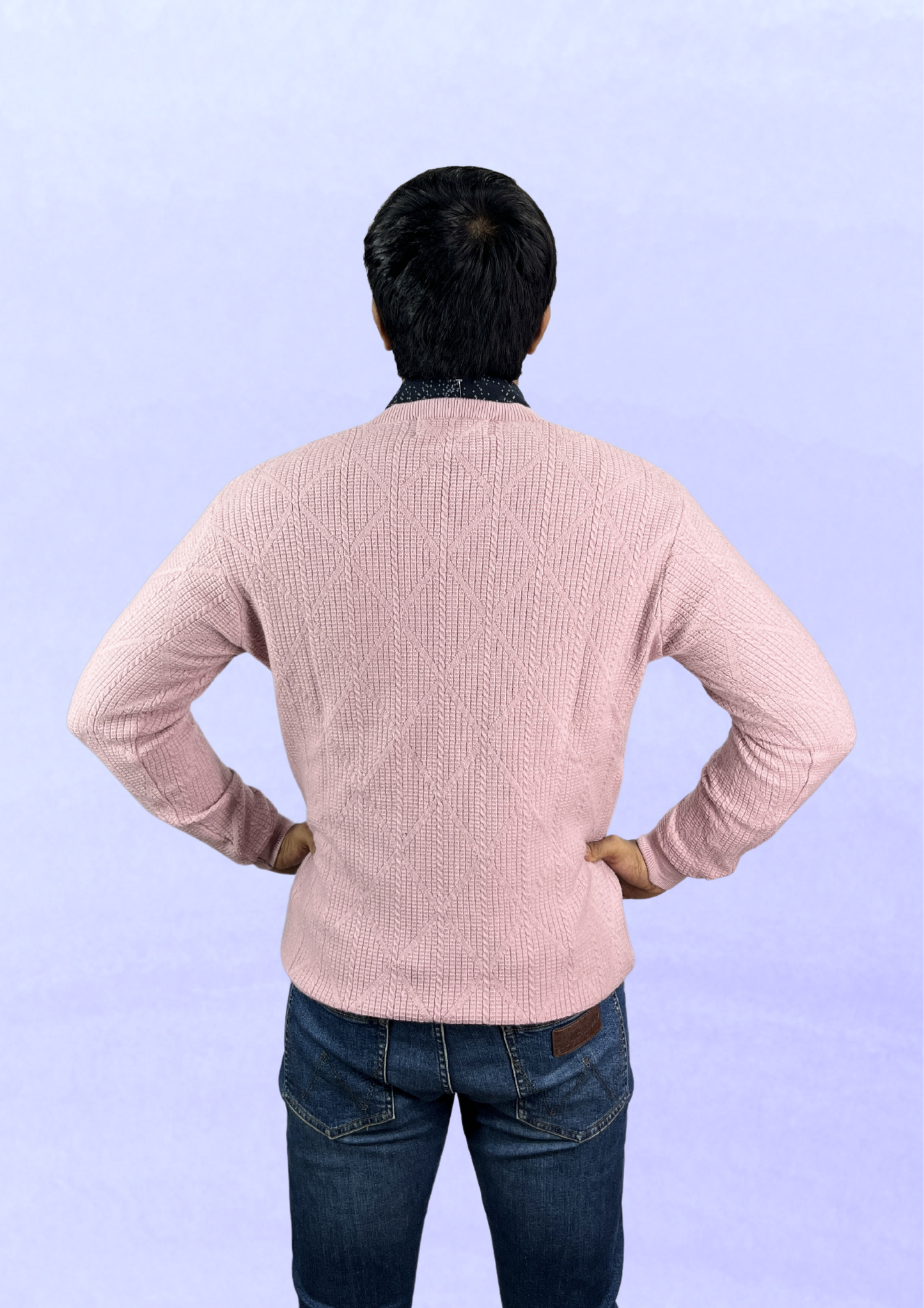 Men's Pastel Pink Diamond-Patterned Sweater