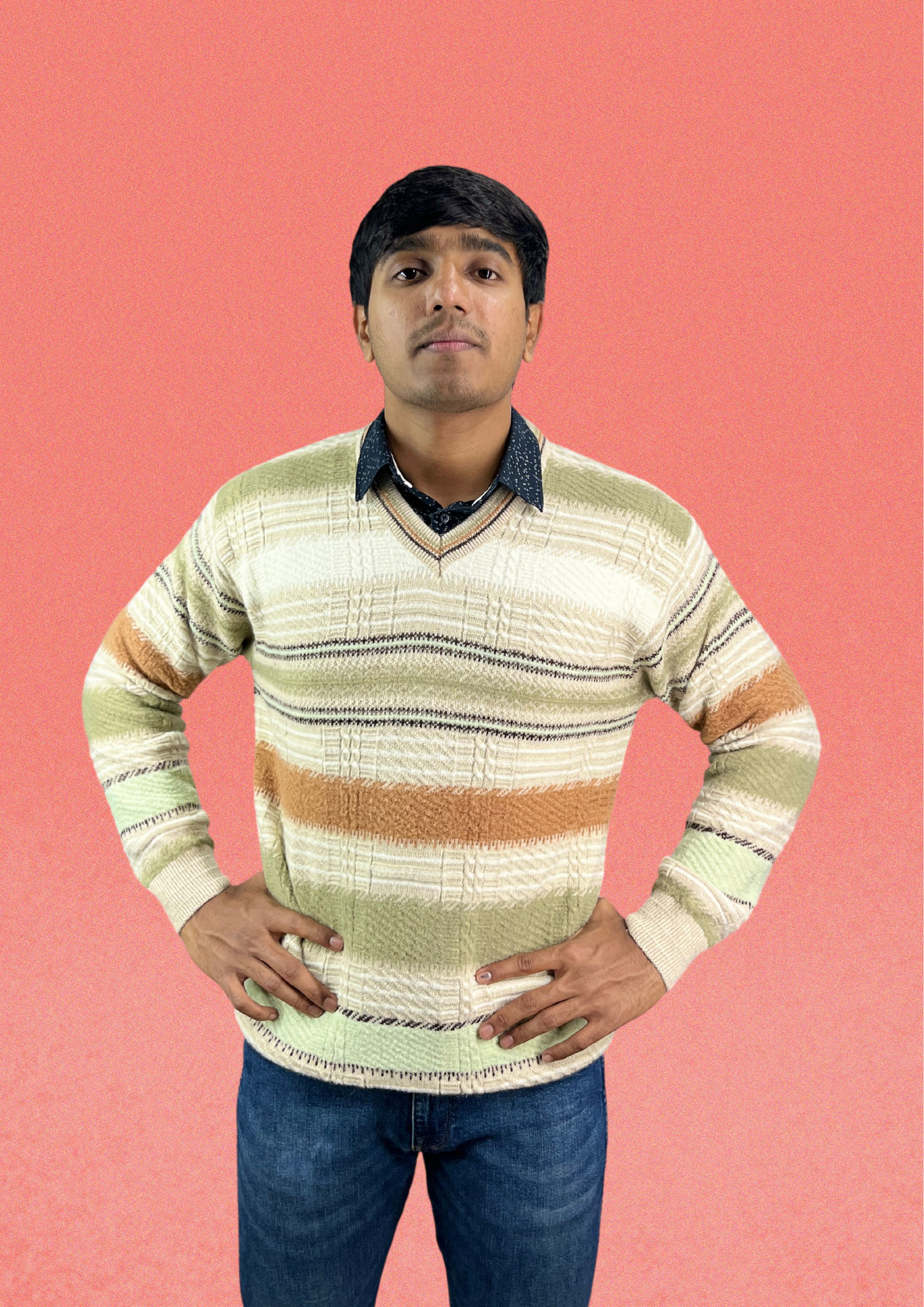 Men's Striped V-Neck Sweater - Earthy Tones