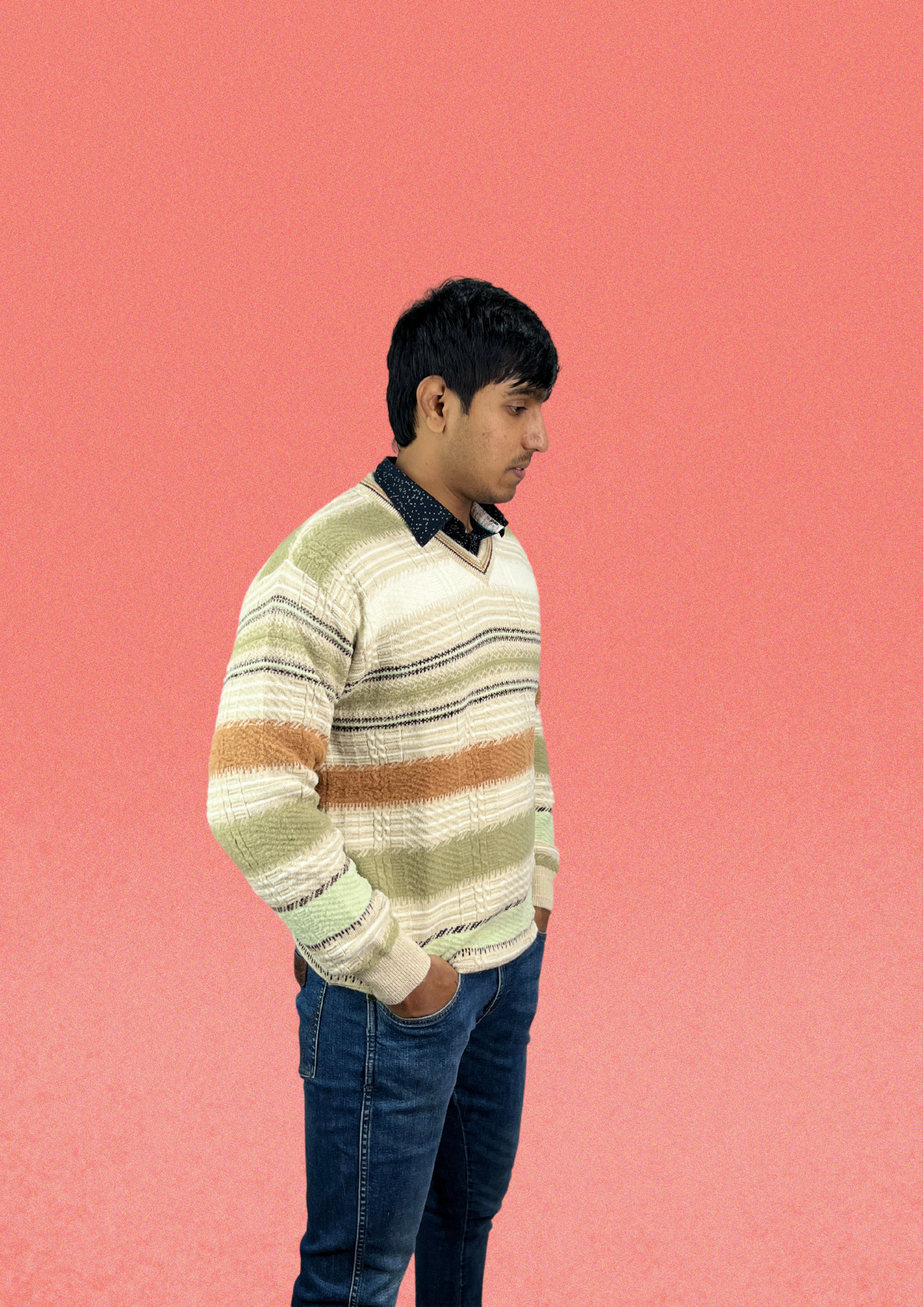 Men's Striped V-Neck Sweater - Earthy Tones