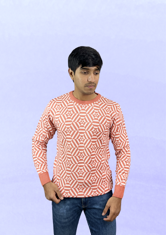 Geometric Knit Sweater - Coral and White